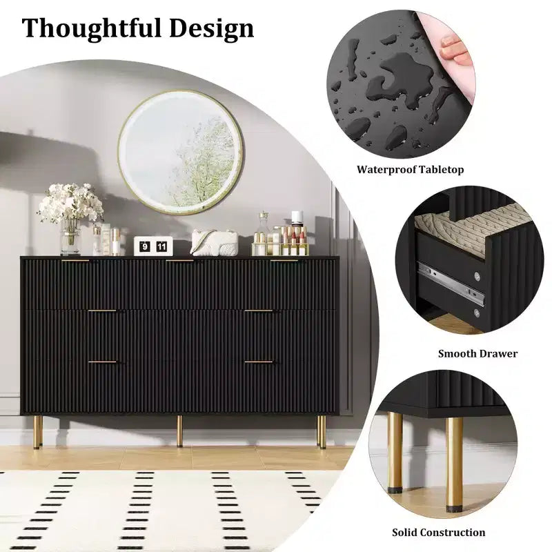 Cómoda de 7 cajones para dormitorio, cómoda de madera de 47 pulgadas de ancho con tiradores de metal, cómoda acanalada con almacenamiento, mueble de TV para sala de estar