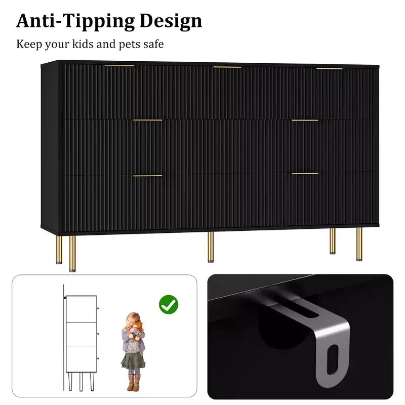 Cómoda de 7 cajones para dormitorio, cómoda de madera de 47 pulgadas de ancho con tiradores de metal, cómoda acanalada con almacenamiento, mueble de TV para sala de estar