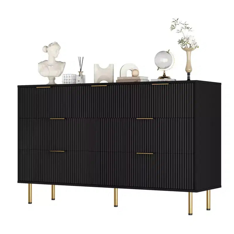 Cómoda de 7 cajones para dormitorio, cómoda de madera de 47 pulgadas de ancho con tiradores de metal, cómoda acanalada con almacenamiento, mueble de TV para sala de estar