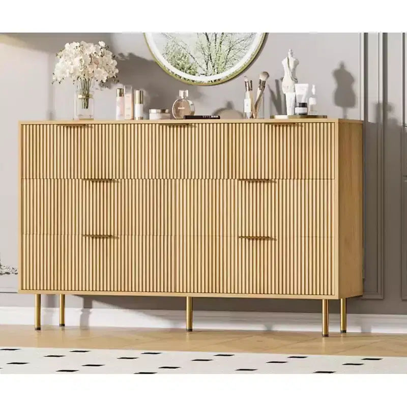 Cómoda de 7 cajones para dormitorio, cómoda de madera de 47 pulgadas de ancho con tiradores de metal, cómoda acanalada con almacenamiento, mueble de TV para sala de estar