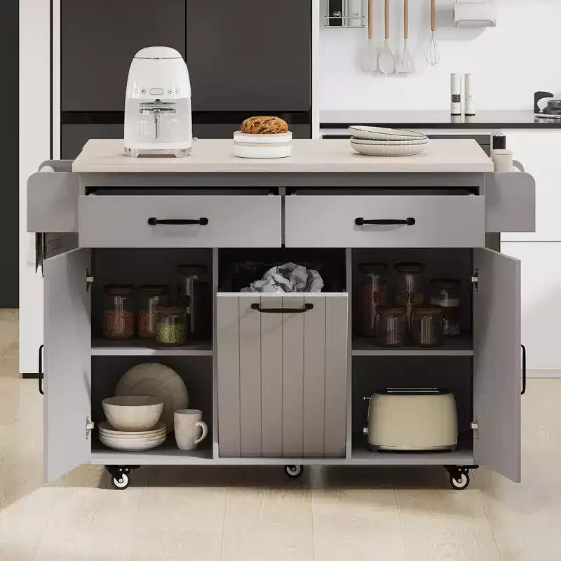 Isla de cocina con almacenamiento para bote de basura, solapa abatible, especiero, estante ajustable, carrito de cocina rodante