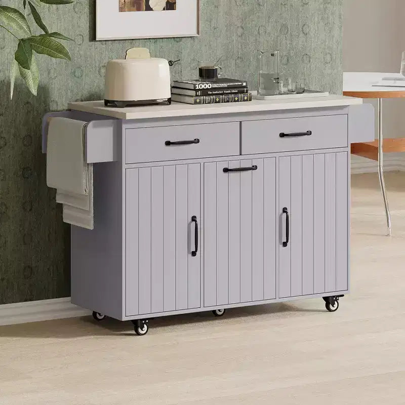 Isla de cocina con almacenamiento para bote de basura, solapa abatible, especiero, estante ajustable, carrito de cocina rodante
