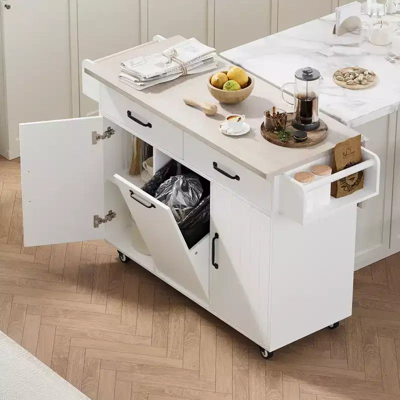 Isla de cocina con almacenamiento para bote de basura, solapa abatible, especiero, estante ajustable, carrito de cocina rodante