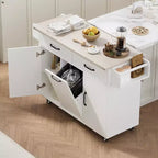 Isla de cocina con almacenamiento para bote de basura, solapa abatible, especiero, estante ajustable, carrito de cocina rodante