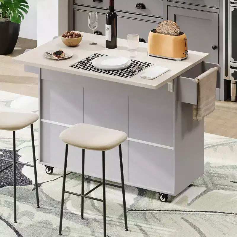 Isla de cocina con almacenamiento para bote de basura, solapa abatible, especiero, estante ajustable, carrito de cocina rodante