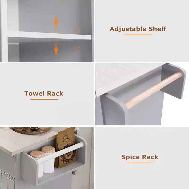 Isla de cocina con almacenamiento para bote de basura, solapa abatible, especiero, estante ajustable, carrito de cocina rodante
