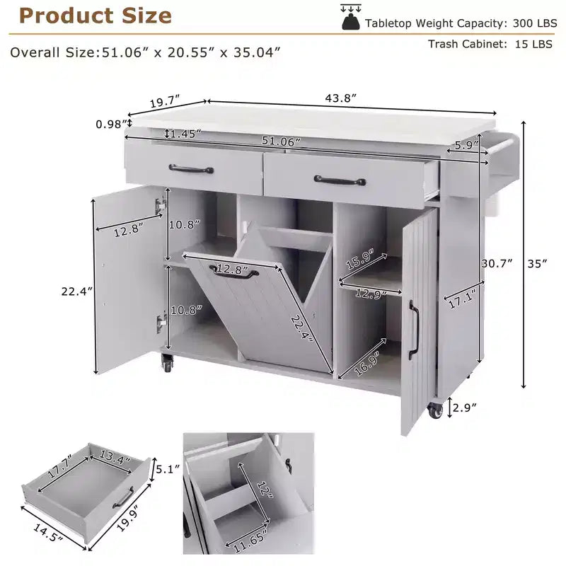 Isla de cocina con almacenamiento para bote de basura, solapa abatible, especiero, estante ajustable, carrito de cocina rodante