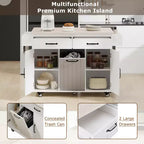 Isla de cocina con almacenamiento para bote de basura, solapa abatible, especiero, estante ajustable, carrito de cocina rodante