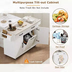 Isla de cocina con almacenamiento para bote de basura, solapa abatible, especiero, estante ajustable, carrito de cocina rodante