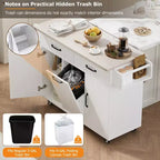 Isla de cocina con almacenamiento para bote de basura, solapa abatible, especiero, estante ajustable, carrito de cocina rodante