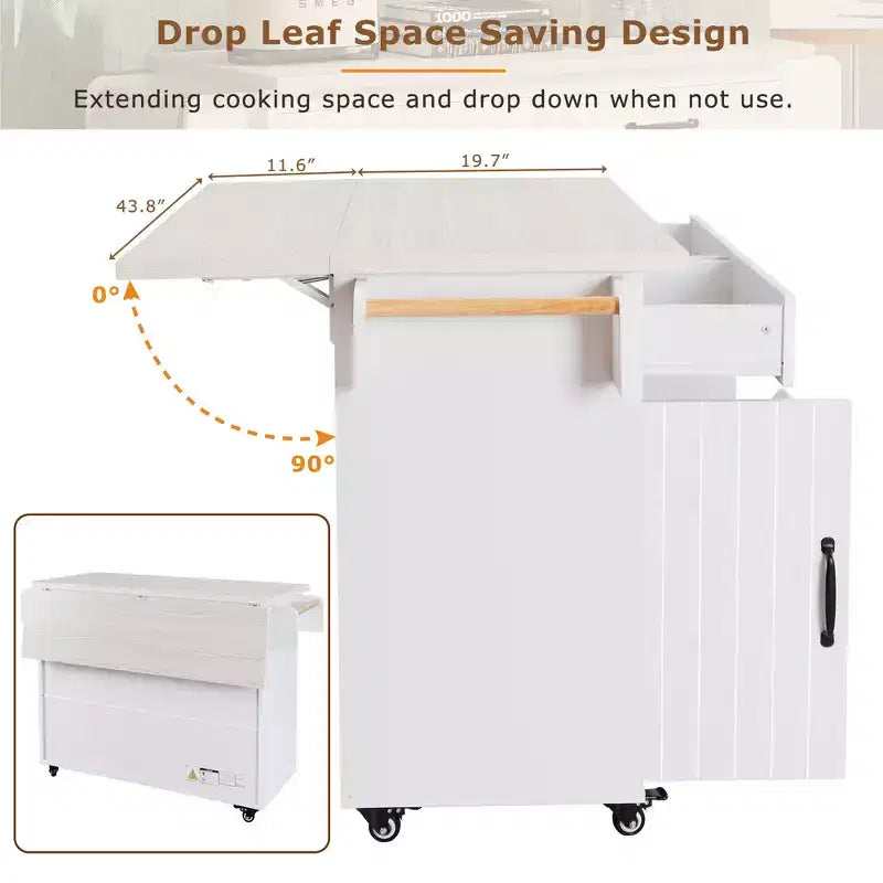 Isla de cocina con almacenamiento para bote de basura, solapa abatible, especiero, estante ajustable, carrito de cocina rodante
