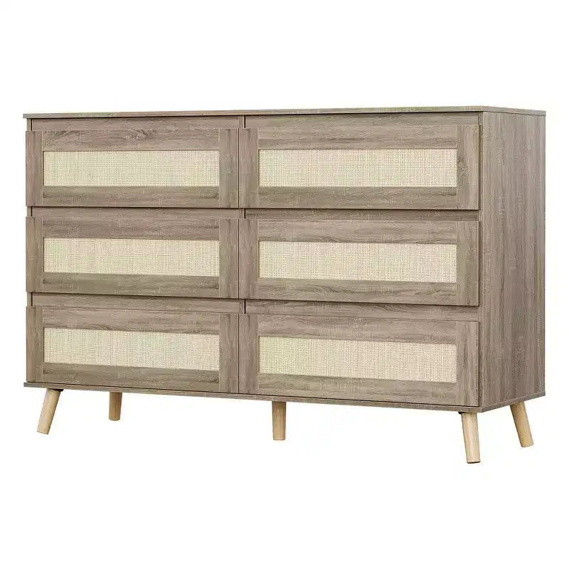 GustoWave Rattan 6 Drawer Dresser for Bedroom, Large Double Dresser with Deep Drawers, Wooden Chest of Drawers for Closet with Wide Top