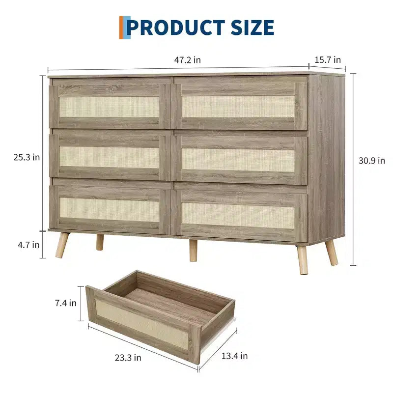 GustoWave Cómoda de ratán de 6 cajones para dormitorio, cómoda doble grande con cajones profundos, cómoda de madera para armario con tapa ancha