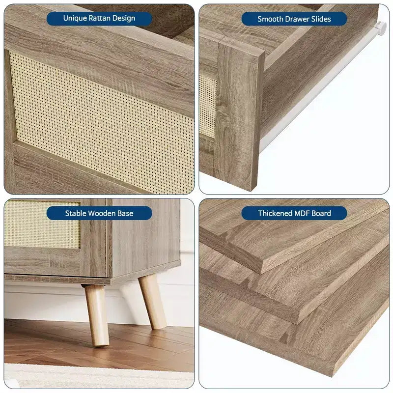 GustoWave Cómoda de ratán de 6 cajones para dormitorio, cómoda doble grande con cajones profundos, cómoda de madera para armario con tapa ancha