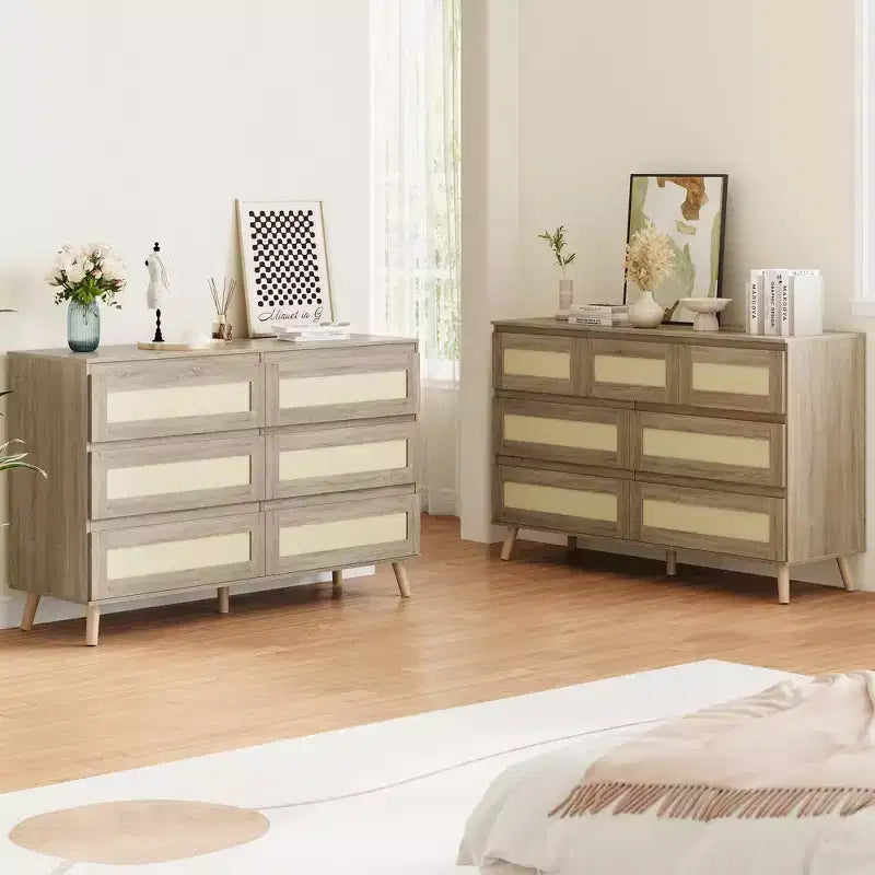 GustoWave Cómoda de ratán de 6 cajones para dormitorio, cómoda doble grande con cajones profundos, cómoda de madera para armario con tapa ancha