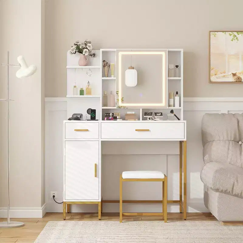 Tocador COZONY con espejo iluminado y estación de carga, tocador de maquillaje con taburete, cajones y armario para dormitorio