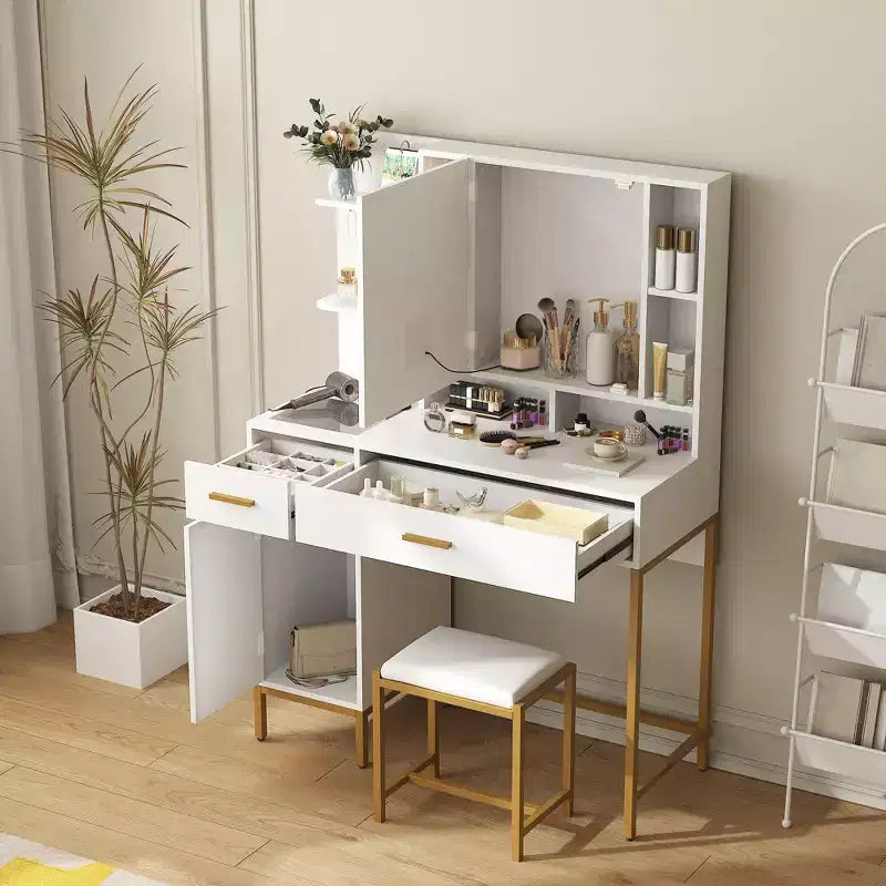 Tocador COZONY con espejo iluminado y estación de carga, tocador de maquillaje con taburete, cajones y armario para dormitorio