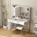 Tocador COZONY con espejo iluminado y estación de carga, tocador de maquillaje con taburete, cajones y armario para dormitorio