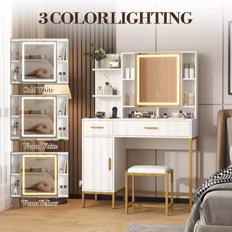Tocador COZONY con espejo iluminado y estación de carga, tocador de maquillaje con taburete, cajones y armario para dormitorio