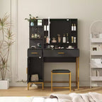 Tocador COZONY con espejo iluminado y estación de carga, tocador de maquillaje con taburete, cajones y armario para dormitorio