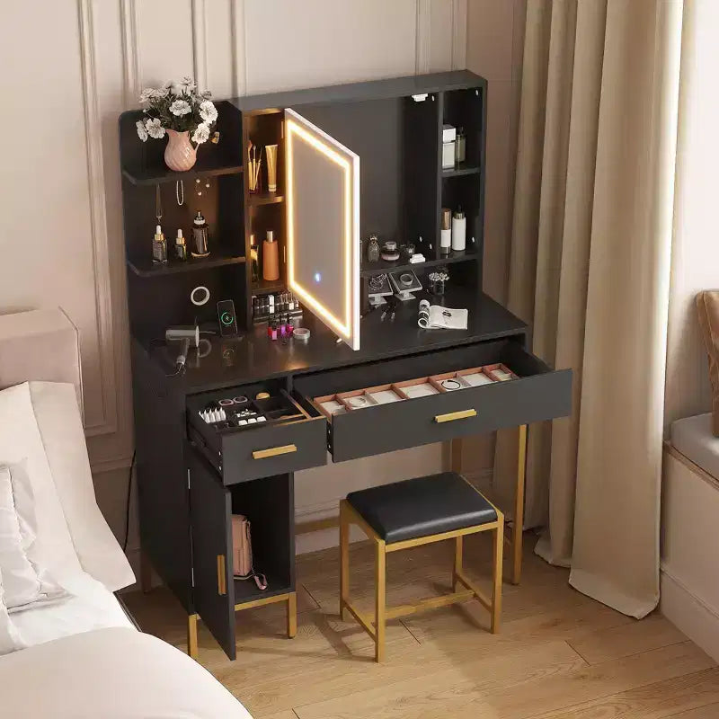 Tocador COZONY con espejo iluminado y estación de carga, tocador de maquillaje con taburete, cajones y armario para dormitorio