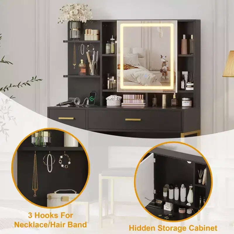 Tocador COZONY con espejo iluminado y estación de carga, tocador de maquillaje con taburete, cajones y armario para dormitorio