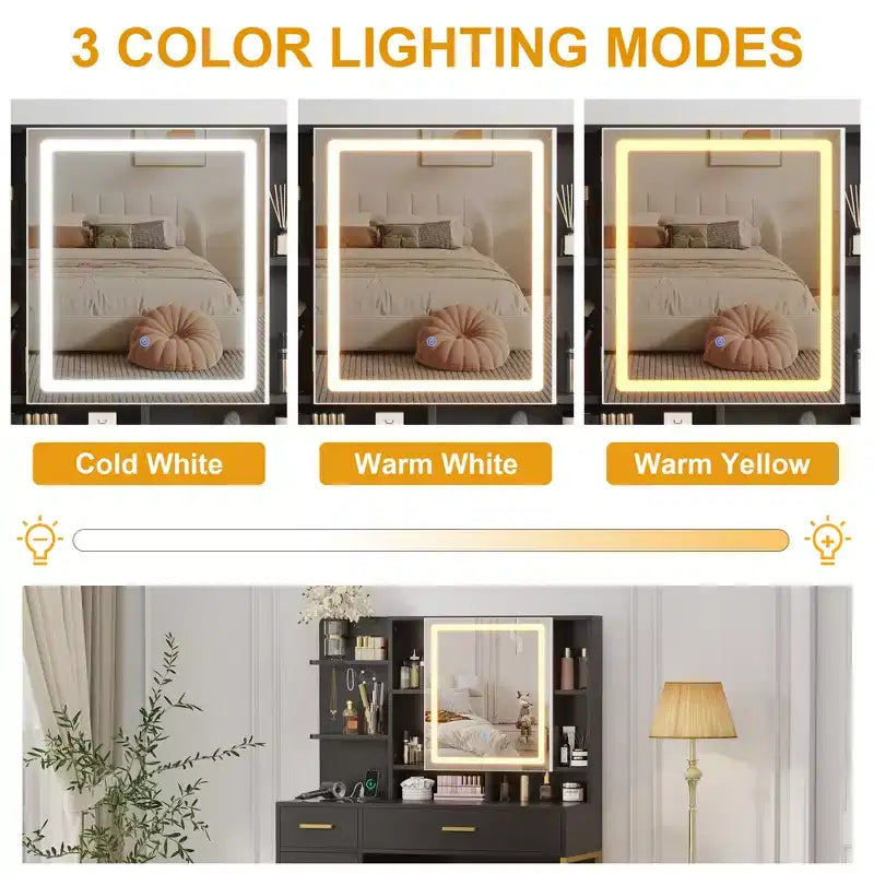 Tocador COZONY con espejo iluminado y estación de carga, tocador de maquillaje con taburete, cajones y armario para dormitorio