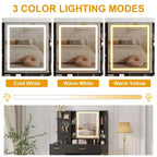 Tocador COZONY con espejo iluminado y estación de carga, tocador de maquillaje con taburete, cajones y armario para dormitorio