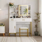 Tocador COZONY con espejo iluminado y estación de carga, tocador de maquillaje con taburete, cajones y armario para dormitorio