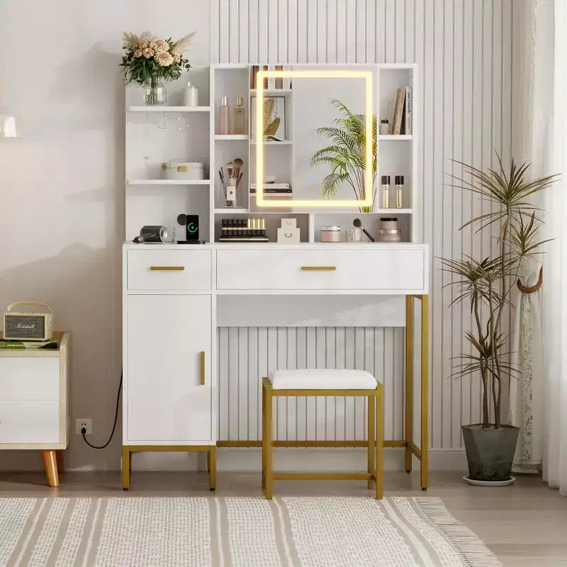 Tocador COZONY con espejo iluminado y estación de carga, tocador de maquillaje con taburete, cajones y armario para dormitorio