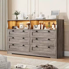 Cómoda de 6 Cajones con LED y Regleta, Cómodas y Cajoneras con Gabinete de Almacenamiento para Dormitorio, Soporte de TV de Madera de 55" de Ancho