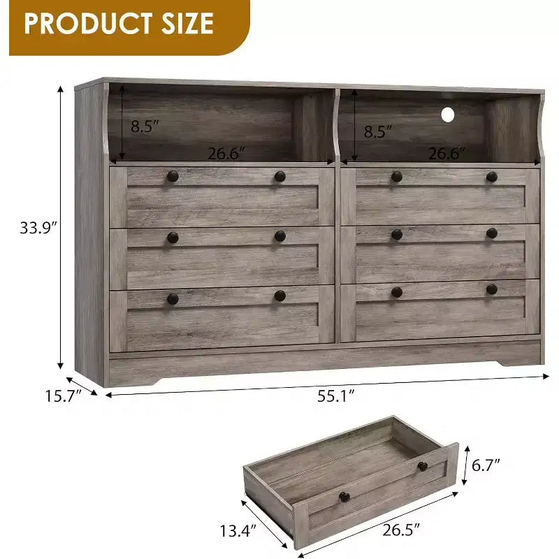 Cómoda de 6 Cajones con LED y Regleta, Cómodas y Cajoneras con Gabinete de Almacenamiento para Dormitorio, Soporte de TV de Madera de 55" de Ancho