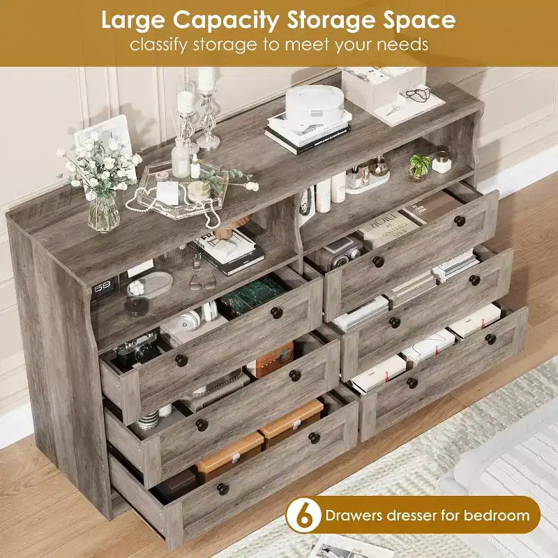 Cómoda de 6 Cajones con LED y Regleta, Cómodas y Cajoneras con Gabinete de Almacenamiento para Dormitorio, Soporte de TV de Madera de 55" de Ancho