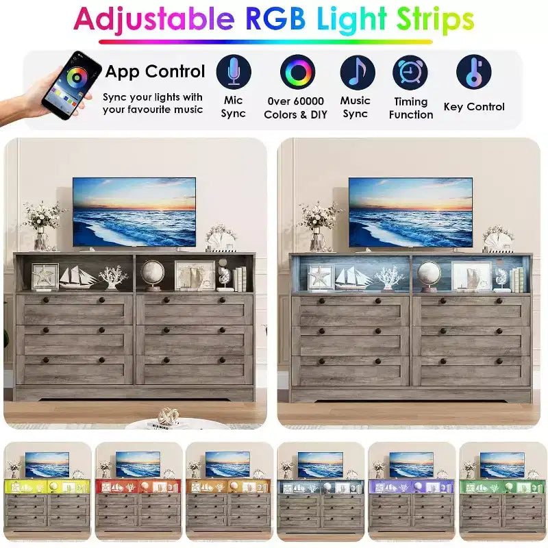 Cómoda de 6 Cajones con LED y Regleta, Cómodas y Cajoneras con Gabinete de Almacenamiento para Dormitorio, Soporte de TV de Madera de 55" de Ancho