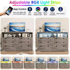 Cómoda de 6 Cajones con LED y Regleta, Cómodas y Cajoneras con Gabinete de Almacenamiento para Dormitorio, Soporte de TV de Madera de 55" de Ancho