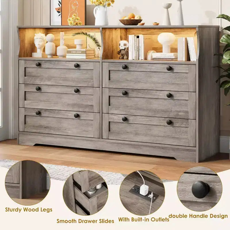 Cómoda de 6 Cajones con LED y Regleta, Cómodas y Cajoneras con Gabinete de Almacenamiento para Dormitorio, Soporte de TV de Madera de 55" de Ancho