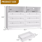 Cómoda de 6 Cajones con LED y Regleta, Cómodas y Cajoneras con Gabinete de Almacenamiento para Dormitorio, Soporte de TV de Madera de 55" de Ancho