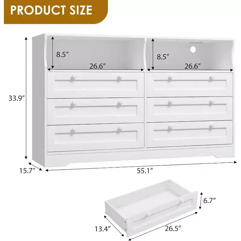 Cómoda de 6 Cajones con LED y Regleta, Cómodas y Cajoneras con Gabinete de Almacenamiento para Dormitorio, Soporte de TV de Madera de 55" de Ancho