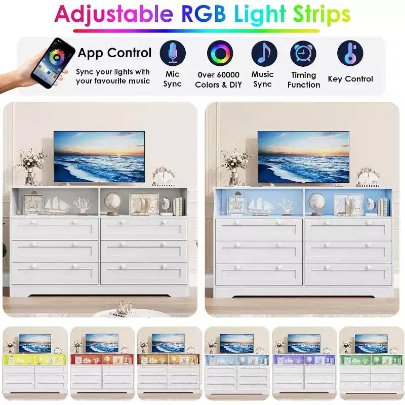 Cómoda de 6 Cajones con LED y Regleta, Cómodas y Cajoneras con Gabinete de Almacenamiento para Dormitorio, Soporte de TV de Madera de 55" de Ancho