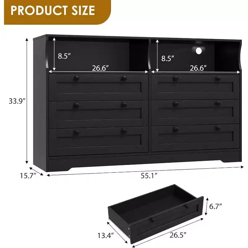 Cómoda de 6 Cajones con LED y Regleta, Cómodas y Cajoneras con Gabinete de Almacenamiento para Dormitorio, Soporte de TV de Madera de 55" de Ancho