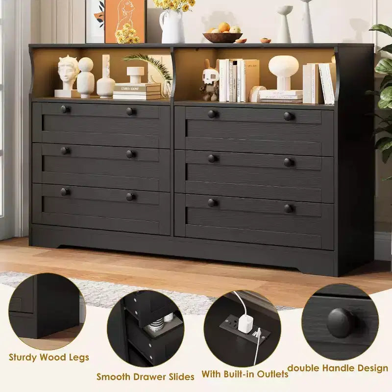 Cómoda de 6 Cajones con LED y Regleta, Cómodas y Cajoneras con Gabinete de Almacenamiento para Dormitorio, Soporte de TV de Madera de 55" de Ancho