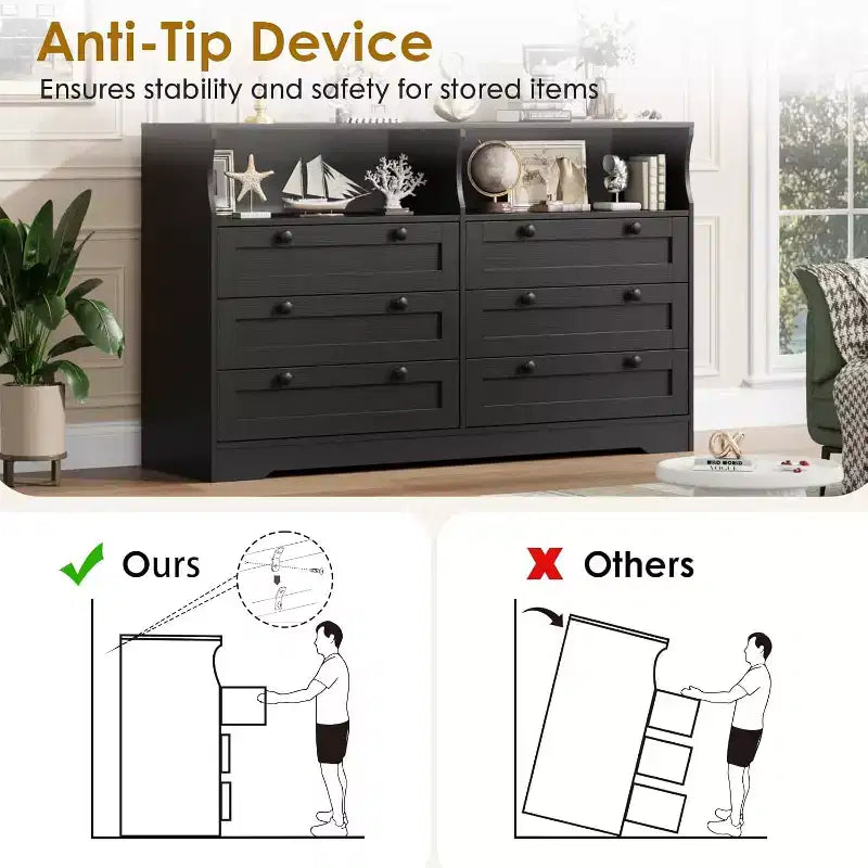 Cómoda de 6 Cajones con LED y Regleta, Cómodas y Cajoneras con Gabinete de Almacenamiento para Dormitorio, Soporte de TV de Madera de 55" de Ancho