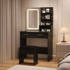 Tocador de Maquillaje con Espejo y Luces, Escritorio de Maquillaje de 31W con 2 Cajones y Estantes de Almacenamiento Abiertos, Mesa de Maquillaje con Brillo Ajustable