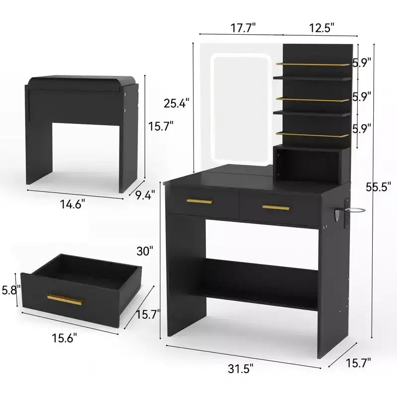 Tocador de Maquillaje con Espejo y Luces, Escritorio de Maquillaje de 31W con 2 Cajones y Estantes de Almacenamiento Abiertos, Mesa de Maquillaje con Brillo Ajustable