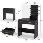 Tocador de Maquillaje con Espejo y Luces, Escritorio de Maquillaje de 31W con 2 Cajones y Estantes de Almacenamiento Abiertos, Mesa de Maquillaje con Brillo Ajustable