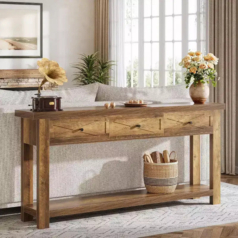 Mesa consola Lantine 70.9 con 3 cajones, mesa de entrada estilo casa de campo con estante de almacenamiento, mesa auxiliar detrás del sofá para pasillo, vestíbulo,