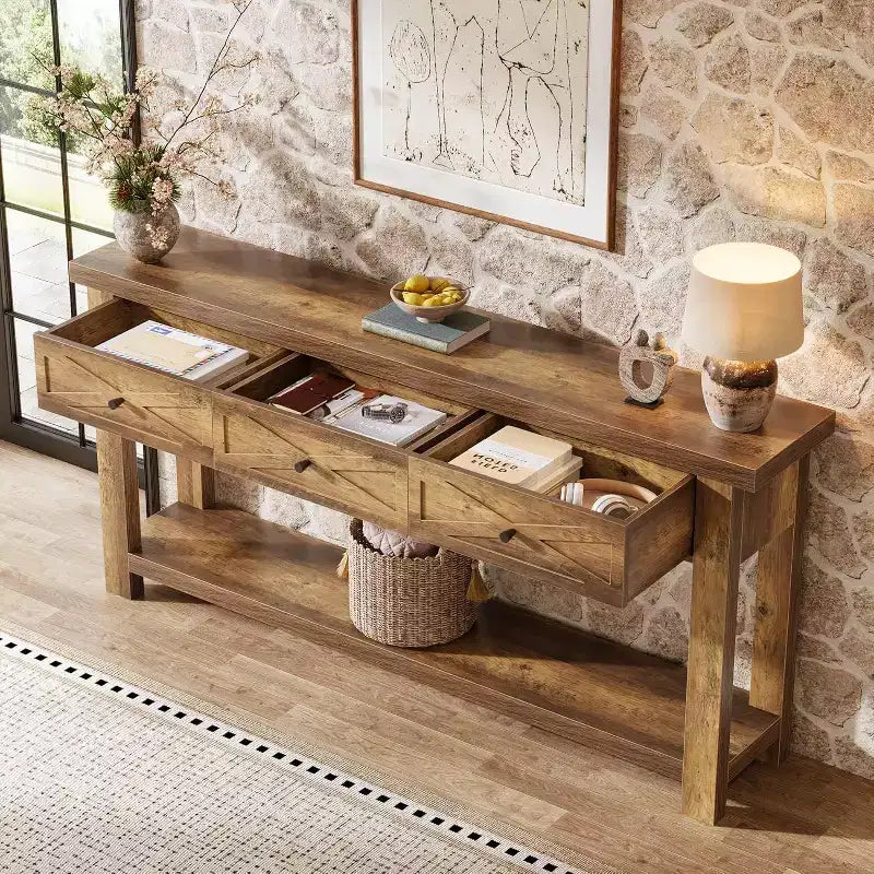Mesa consola Lantine 70.9 con 3 cajones, mesa de entrada estilo casa de campo con estante de almacenamiento, mesa auxiliar detrás del sofá para pasillo, vestíbulo,