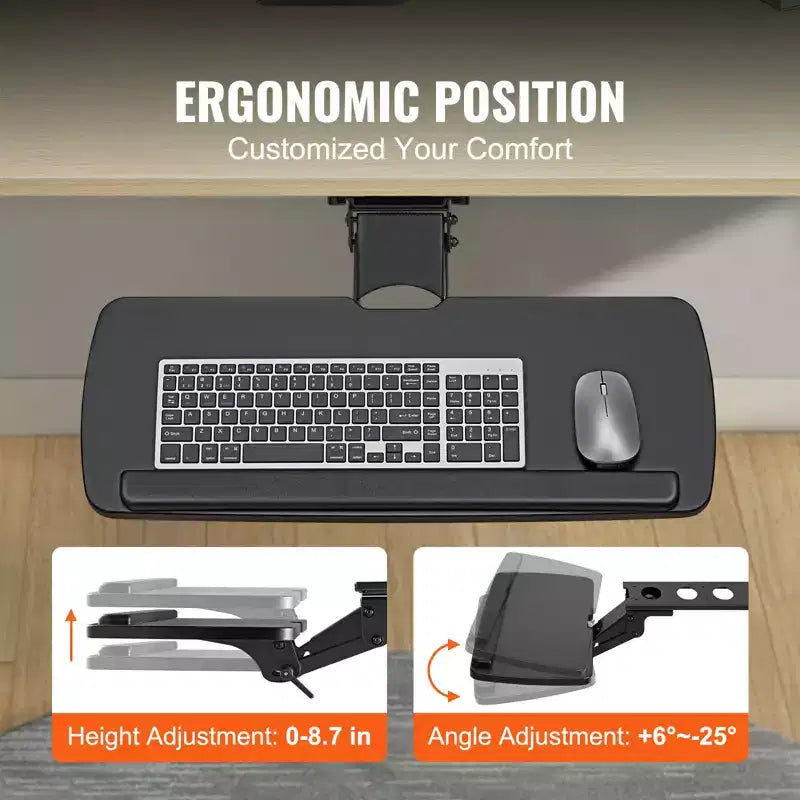 Bandeja para teclado VEVOR debajo del escritorio, altura ajustable, bandeja deslizante para teclado debajo del escritorio con altura y ángulo ajustables, soporte grande para teclado de 63,5 x 24,9 cm, negro
