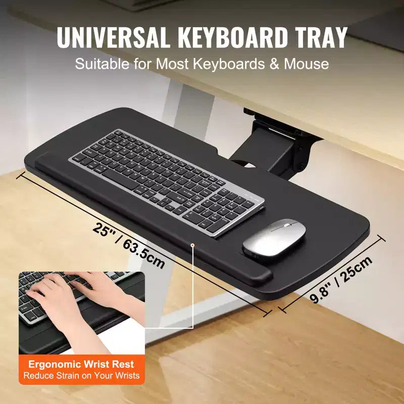 Bandeja para teclado VEVOR debajo del escritorio, altura ajustable, bandeja deslizante para teclado debajo del escritorio con altura y ángulo ajustables, soporte grande para teclado de 63,5 x 24,9 cm, negro