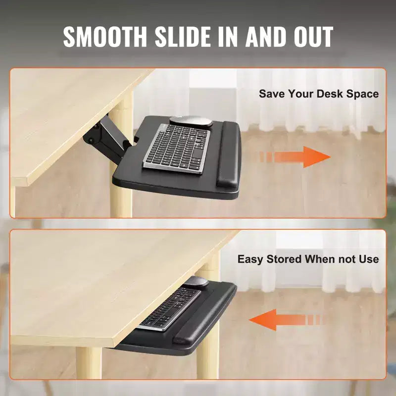 Bandeja para teclado VEVOR debajo del escritorio, altura ajustable, bandeja deslizante para teclado debajo del escritorio con altura y ángulo ajustables, soporte grande para teclado de 63,5 x 24,9 cm, negro